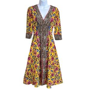 Saloni Womens Eve Leopard Floral Silk Midi Dress 4 Yellow Feminine ASO The Talk